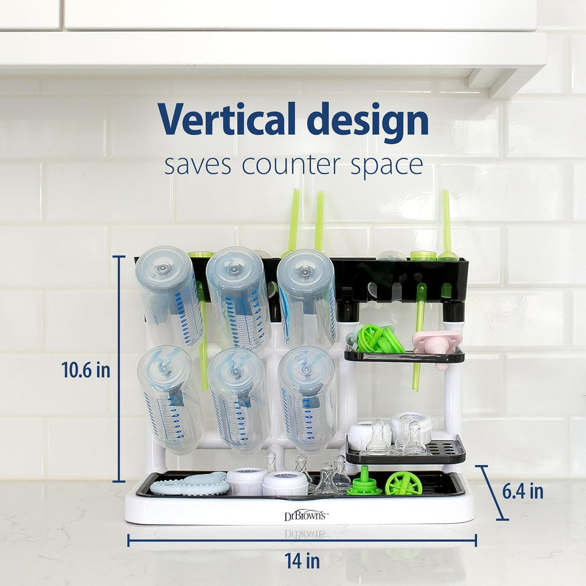 Baby Bottle Drying Tower, Stand-Up Drying Rack with Reusable Sponge Baby Bottle Cleaning Brush Set, 3-Pack, Grey