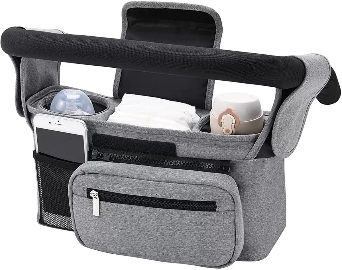 Universal stroller organizer with insulated cup holder, removable phone pocket and shoulder strap for multiple strollers and pet carriers (Gray)