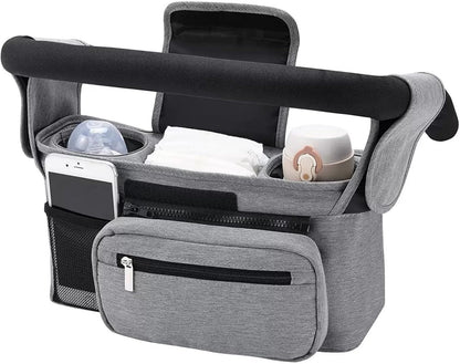 Universal stroller organizer with insulated cup holder, removable phone pocket and shoulder strap for multiple strollers and pet carriers (Gray)