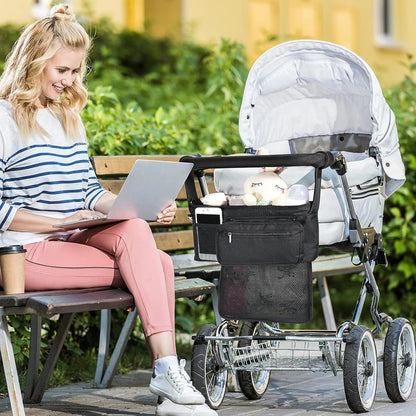 Universal stroller organizer with insulated cup holder, removable phone pocket and shoulder strap for multiple strollers and pet carriers (Gray)