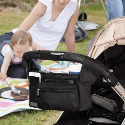 Universal stroller organizer with insulated cup holder, removable phone pocket and shoulder strap for multiple strollers and pet carriers (Gray)