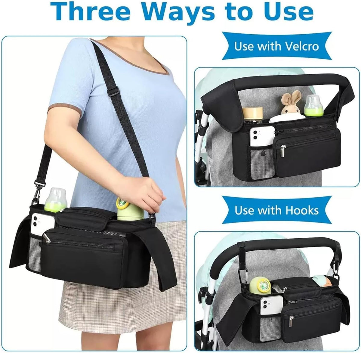 Universal stroller organizer with insulated cup holder, removable phone pocket and shoulder strap for multiple strollers and pet carriers (Gray)