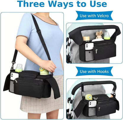 Universal stroller organizer with insulated cup holder, removable phone pocket and shoulder strap for multiple strollers and pet carriers (Gray)