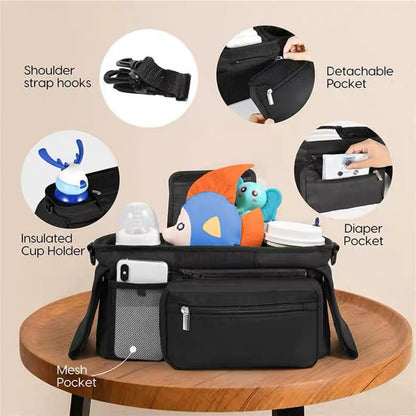 Universal stroller organizer with insulated cup holder, removable phone pocket and shoulder strap for multiple strollers and pet carriers (Gray)
