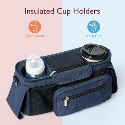 Universal stroller organizer with insulated cup holder, removable phone pocket and shoulder strap for multiple strollers and pet carriers (Gray)