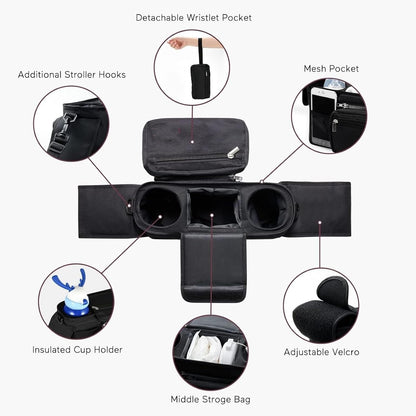 Universal stroller organizer with insulated cup holder, removable phone pocket and shoulder strap for multiple strollers and pet carriers (Gray)