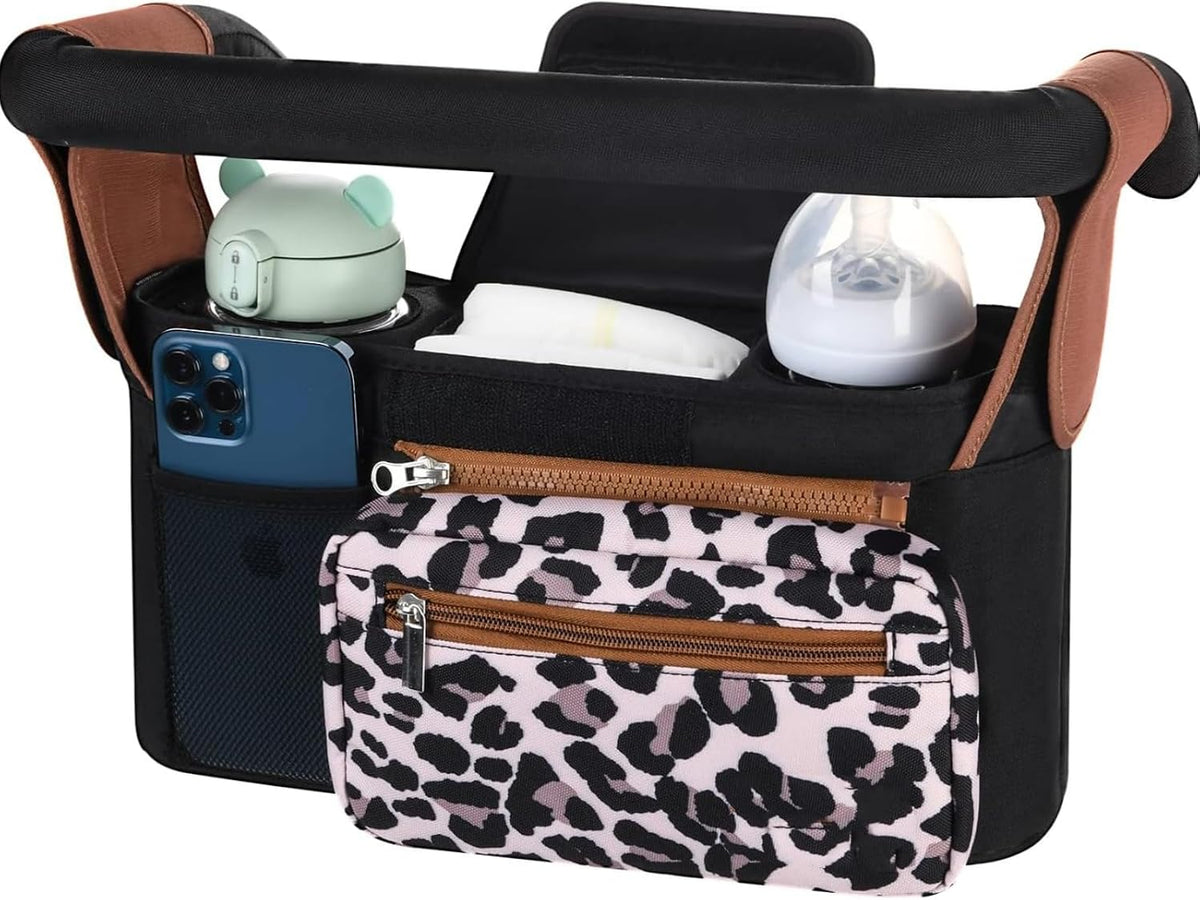 Universal stroller organizer with insulated cup holder, removable phone pocket and shoulder strap for multiple strollers and pet carriers (Gray)