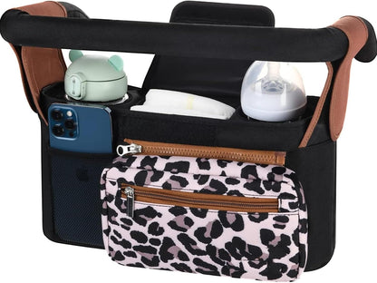 Universal stroller organizer with insulated cup holder, removable phone pocket and shoulder strap for multiple strollers and pet carriers (Gray)