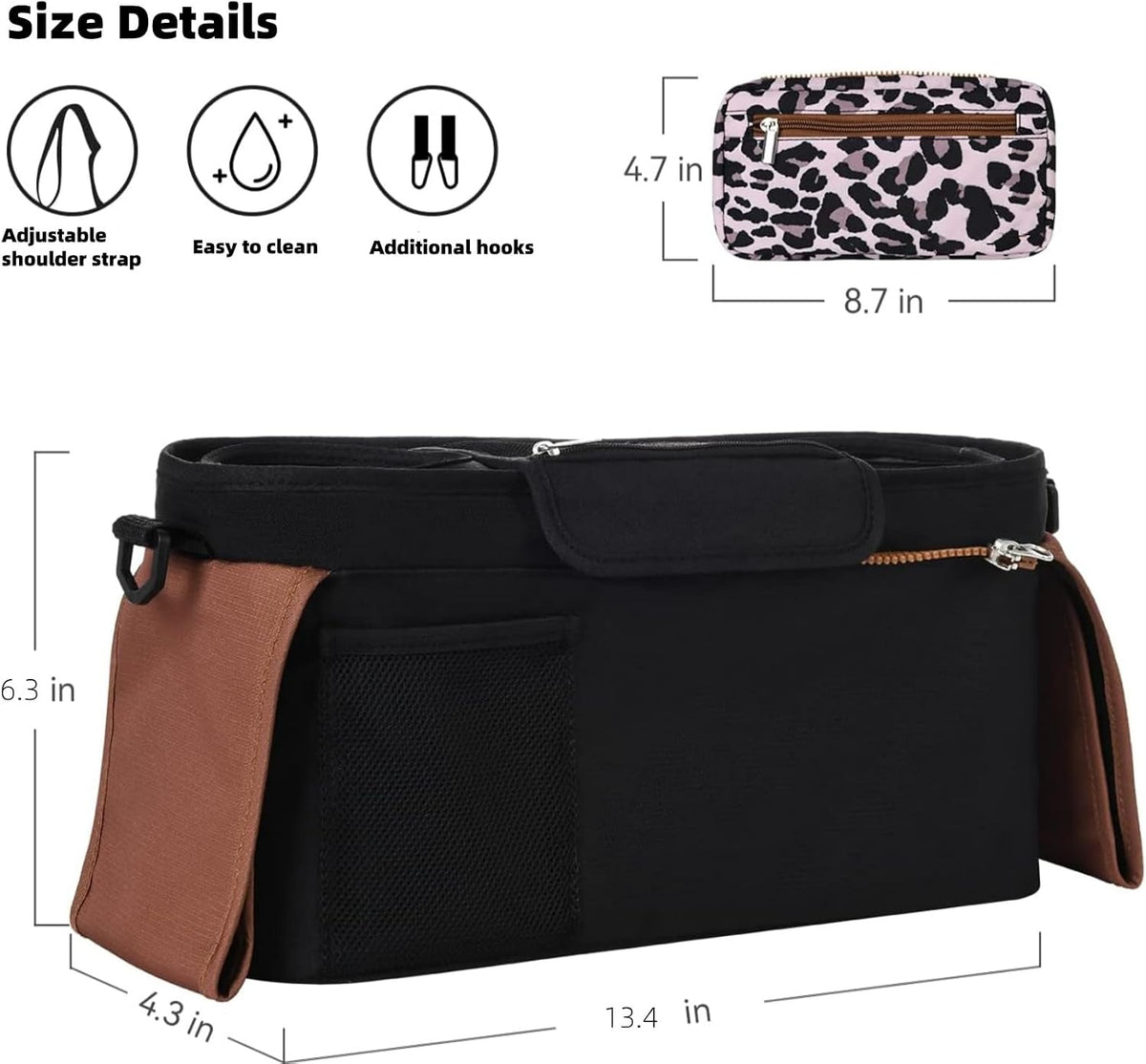 Universal stroller organizer with insulated cup holder, removable phone pocket and shoulder strap for multiple strollers and pet carriers (Gray)