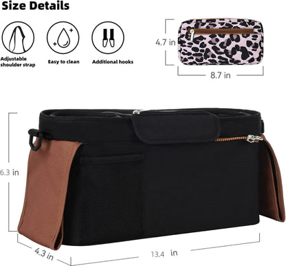 Universal stroller organizer with insulated cup holder, removable phone pocket and shoulder strap for multiple strollers and pet carriers (Gray)