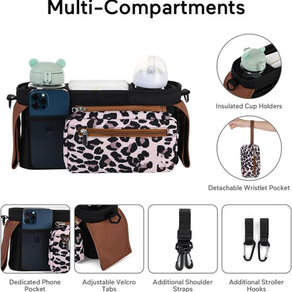 Universal stroller organizer with insulated cup holder, removable phone pocket and shoulder strap for multiple strollers and pet carriers (Gray)