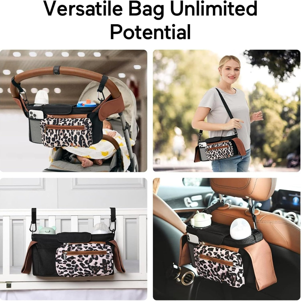 Universal stroller organizer with insulated cup holder, removable phone pocket and shoulder strap for multiple strollers and pet carriers (Gray)