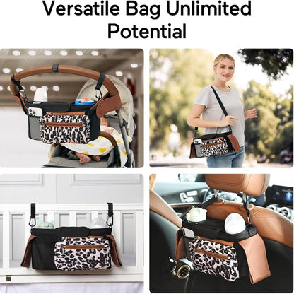 Universal stroller organizer with insulated cup holder, removable phone pocket and shoulder strap for multiple strollers and pet carriers (Gray)