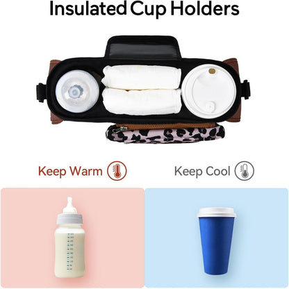 Universal stroller organizer with insulated cup holder, removable phone pocket and shoulder strap for multiple strollers and pet carriers (Gray)