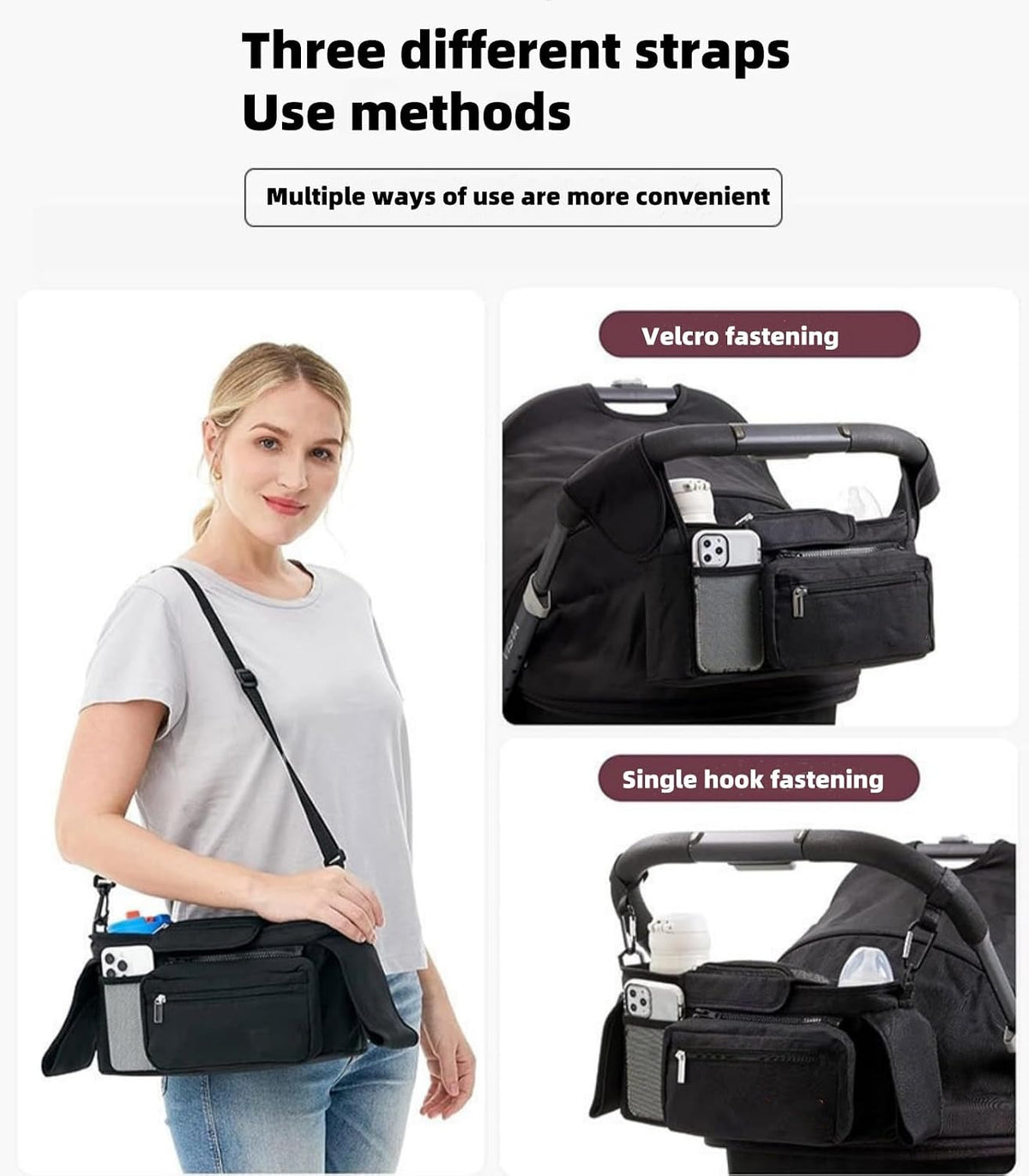 Universal stroller organizer with insulated cup holder, removable phone pocket and shoulder strap for multiple strollers and pet carriers (Gray)