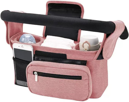 Universal stroller organizer with insulated cup holder, removable phone pocket and shoulder strap for multiple strollers and pet carriers (Gray)