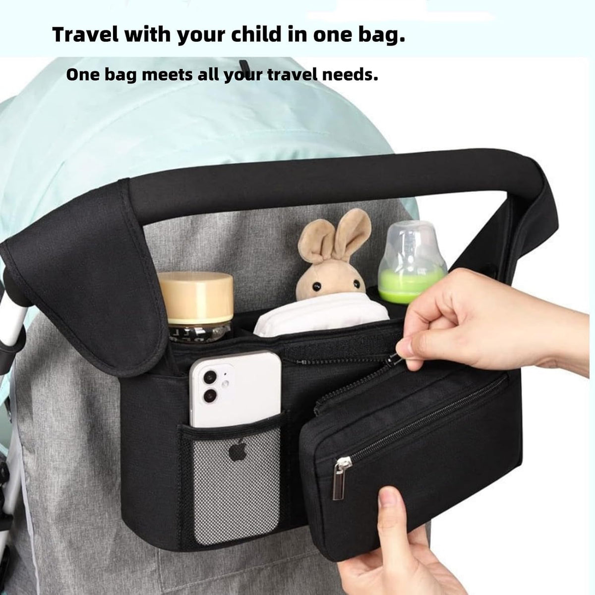 Universal stroller organizer with insulated cup holder, removable phone pocket and shoulder strap for multiple strollers and pet carriers (Gray)