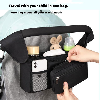 Universal stroller organizer with insulated cup holder, removable phone pocket and shoulder strap for multiple strollers and pet carriers (Gray)