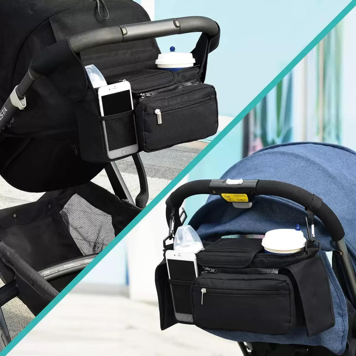 Universal stroller organizer with insulated cup holder, removable phone pocket and shoulder strap for multiple strollers and pet carriers (Gray)