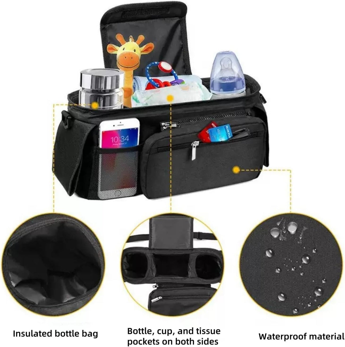 Universal stroller organizer with insulated cup holder, removable phone pocket and shoulder strap for multiple strollers and pet carriers (Gray)