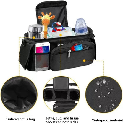 Universal stroller organizer with insulated cup holder, removable phone pocket and shoulder strap for multiple strollers and pet carriers (Gray)