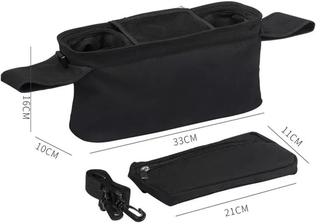 Universal stroller organizer with insulated cup holder, removable phone pocket and shoulder strap for multiple strollers and pet carriers (Gray)