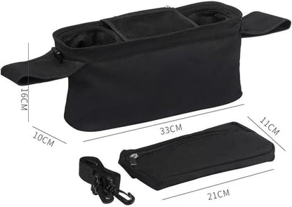 Universal stroller organizer with insulated cup holder, removable phone pocket and shoulder strap for multiple strollers and pet carriers (Gray)