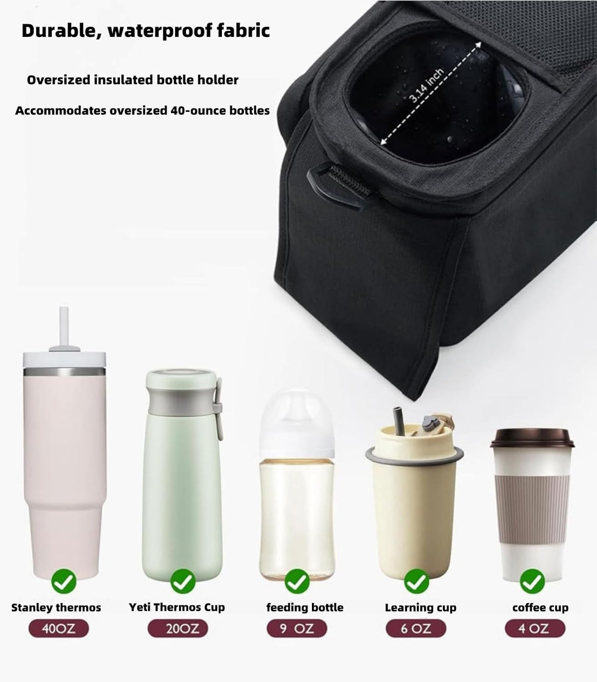 Universal stroller organizer with insulated cup holder, removable phone pocket and shoulder strap for multiple strollers and pet carriers (Gray)