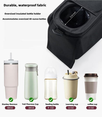 Universal stroller organizer with insulated cup holder, removable phone pocket and shoulder strap for multiple strollers and pet carriers (Gray)
