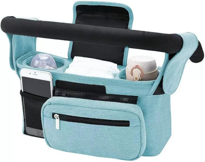Universal stroller organizer with insulated cup holder, removable phone pocket and shoulder strap for multiple strollers and pet carriers (Gray)