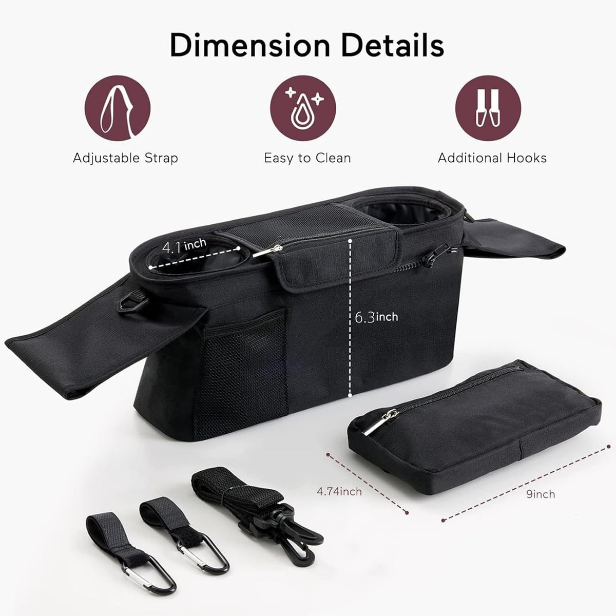 Universal stroller organizer with insulated cup holder, removable phone pocket and shoulder strap for multiple strollers and pet carriers (Gray)