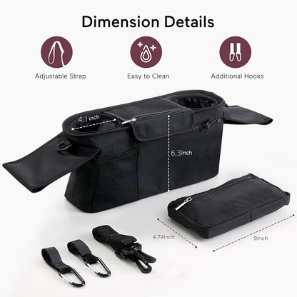 Universal stroller organizer with insulated cup holder, removable phone pocket and shoulder strap for multiple strollers and pet carriers (Gray)