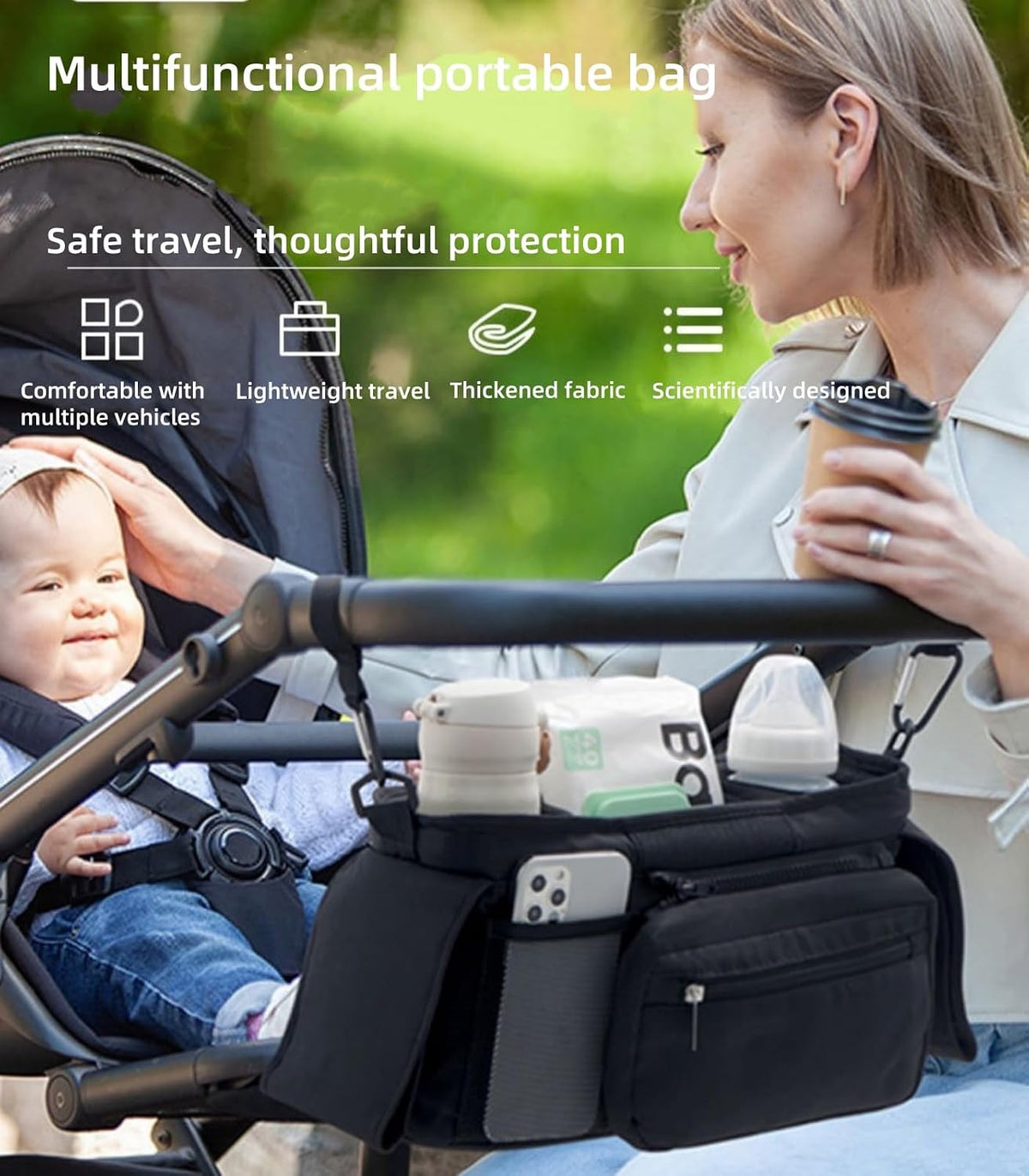 Universal stroller organizer with insulated cup holder, removable phone pocket and shoulder strap for multiple strollers and pet carriers (Gray)