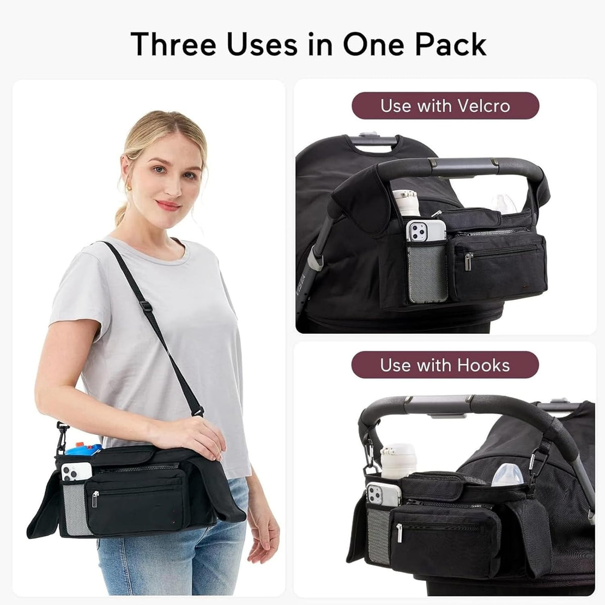 Universal stroller organizer with insulated cup holder, removable phone pocket and shoulder strap for multiple strollers and pet carriers (Gray)