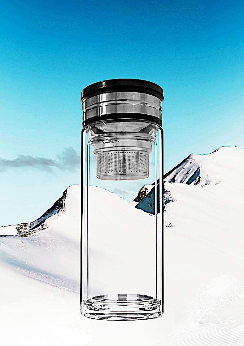 18oz Wide Mouth Ultra Clear Spill-proof Strong Double-wall 3-Piece Borrosilicate Glass Tumbler with Strainer and Lid (flat top lid)