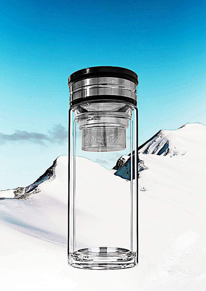 18oz Wide Mouth Ultra Clear Spill-proof Strong Double-wall 3-Piece Borrosilicate Glass Tumbler with Strainer and Lid (flat top lid)