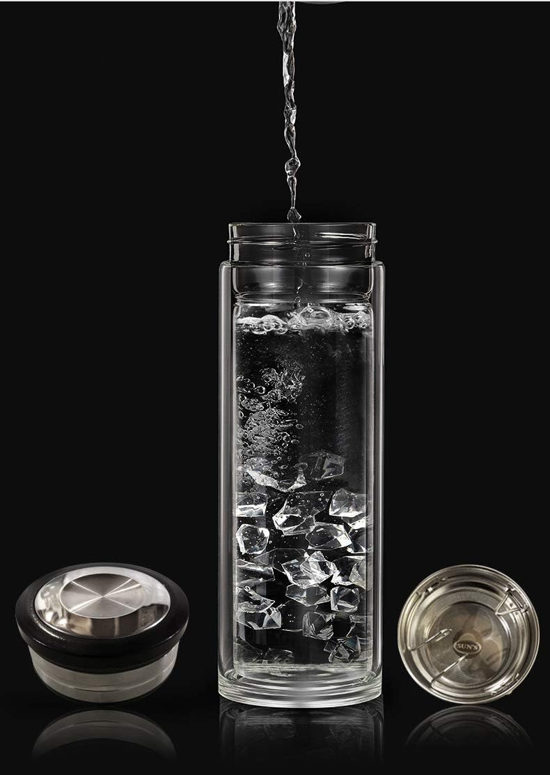 18oz Wide Mouth Ultra Clear Spill-proof Strong Double-wall 3-Piece Borrosilicate Glass Tumbler with Strainer and Lid (flat top lid)