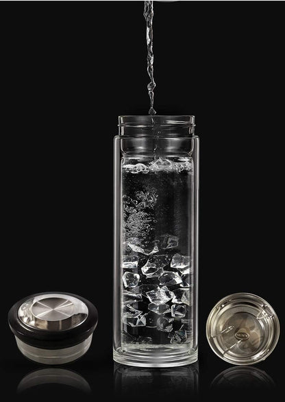 18oz Wide Mouth Ultra Clear Spill-proof Strong Double-wall 3-Piece Borrosilicate Glass Tumbler with Strainer and Lid (flat top lid)