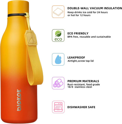 18oz Insulated Water Bottle, Stainless Steel Bottle with Carry Strap - Colors B