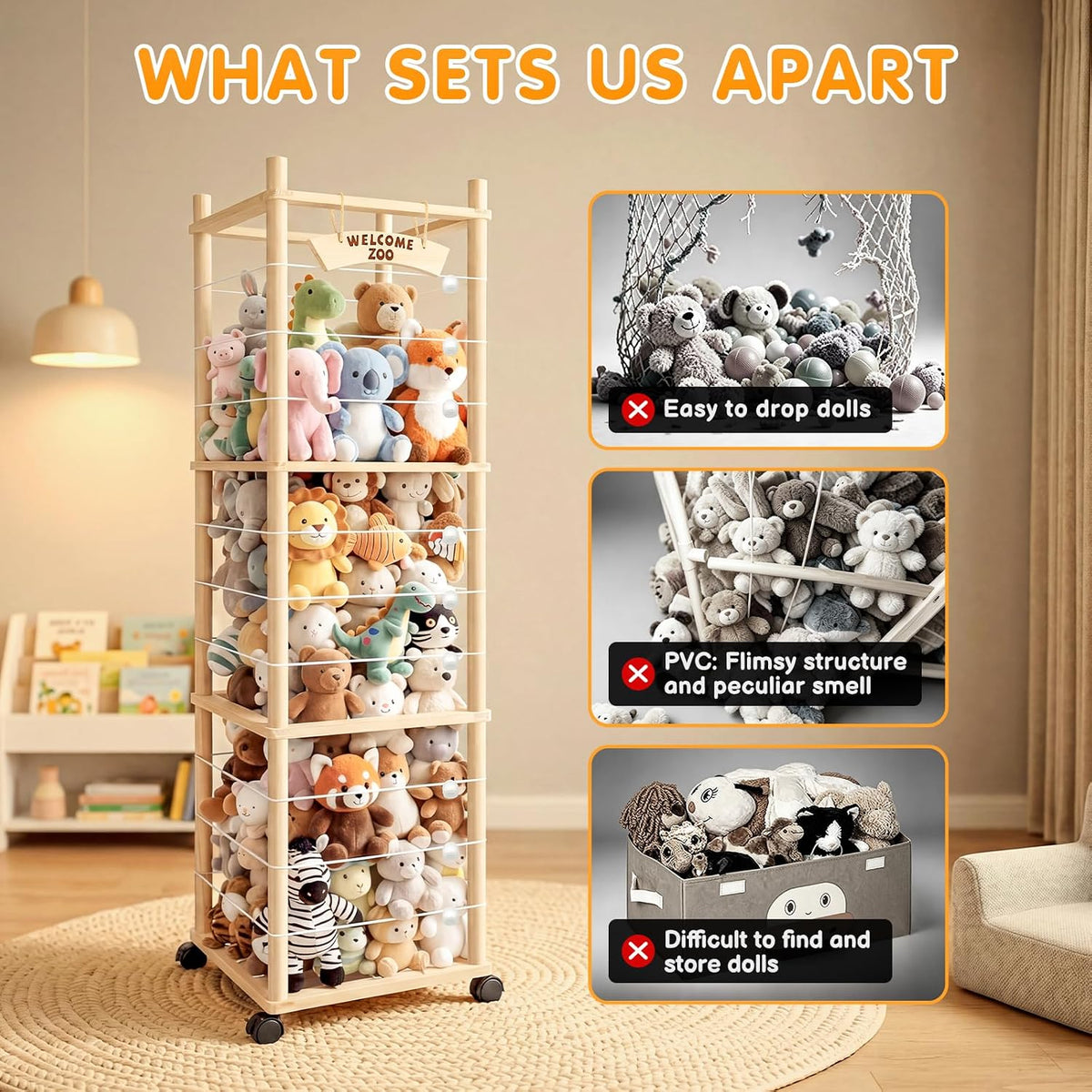 Stuffed Animal Storage, Toy Organizer and Plushies Storage Wooden Holder Zoo for Playrooms, Bedrooms & Nursery