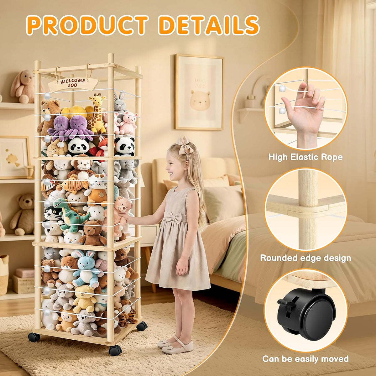 Stuffed Animal Storage, Toy Organizer and Plushies Storage Wooden Holder Zoo for Playrooms, Bedrooms & Nursery