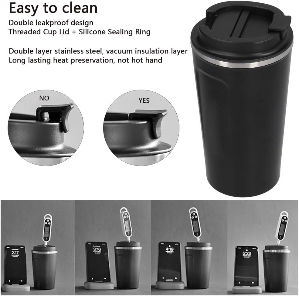 510ml Black Stainless Steel Vacuum Insulated Coffee Mug Double Wall Travel Cup with Leak-Proof Lid for Car Commute