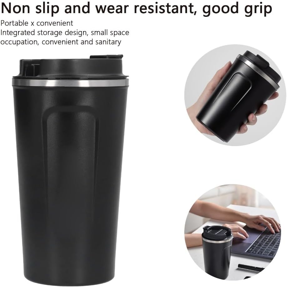 510ml Black Stainless Steel Vacuum Insulated Coffee Mug Double Wall Travel Cup with Leak-Proof Lid for Car Commute
