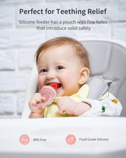 Silicone Baby Fruit Food Feeder (2 Pack) with Freezer Nibble Tray, Breastmilk Popsicle Molds for Baby Teething Relief, Feeder for Safe Infant Self Feeding, BPA Free, Dishwasher Safe, 3 Month+ Pink