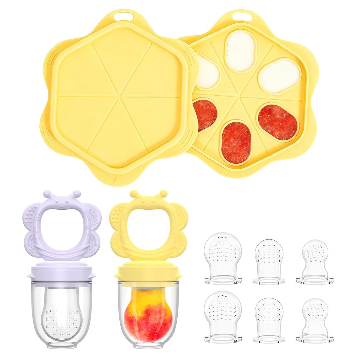 Silicone Baby Fruit Food Feeder (2 Pack) with Freezer Nibble Tray, Breastmilk Popsicle Molds for Baby Teething Relief, Feeder for Safe Infant Self Feeding, BPA Free, Dishwasher Safe, 3 Month+ Pink