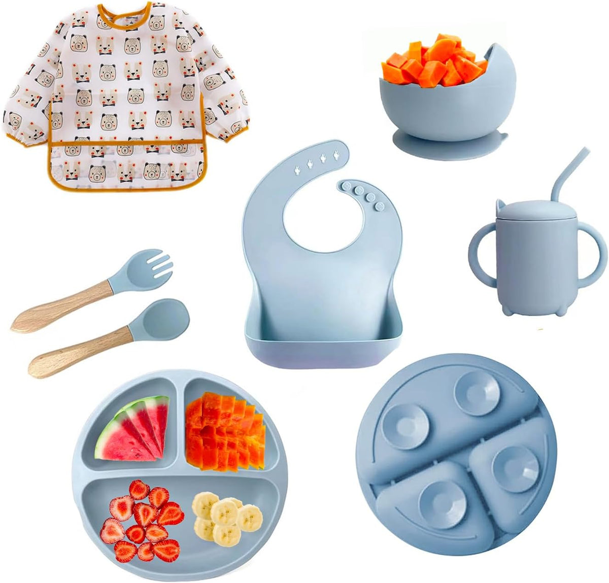 2025 Silicone Baby Feeding Set - All in One: Spoon, Fork, Suction Bowl, Divided Suction Plate, Sippy Cup, Silicone Bib and Travel Bib - 6+ Month, Toddler & Baby - BPA Free, Blue
