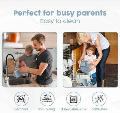 2025 Silicone Baby Feeding Set - All in One: Spoon, Fork, Suction Bowl, Divided Suction Plate, Sippy Cup, Silicone Bib and Travel Bib - 6+ Month, Toddler & Baby - BPA Free, Blue
