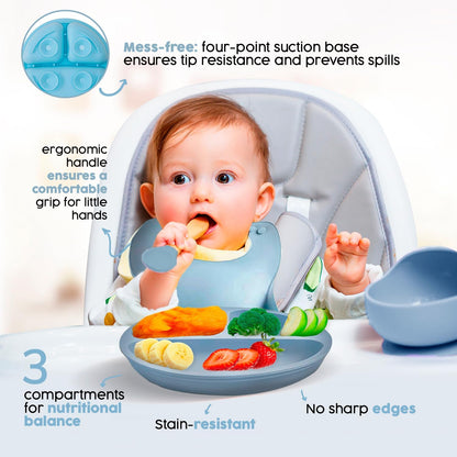2025 Silicone Baby Feeding Set - All in One: Spoon, Fork, Suction Bowl, Divided Suction Plate, Sippy Cup, Silicone Bib and Travel Bib - 6+ Month, Toddler & Baby - BPA Free, Blue
