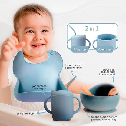 2025 Silicone Baby Feeding Set - All in One: Spoon, Fork, Suction Bowl, Divided Suction Plate, Sippy Cup, Silicone Bib and Travel Bib - 6+ Month, Toddler & Baby - BPA Free, Blue