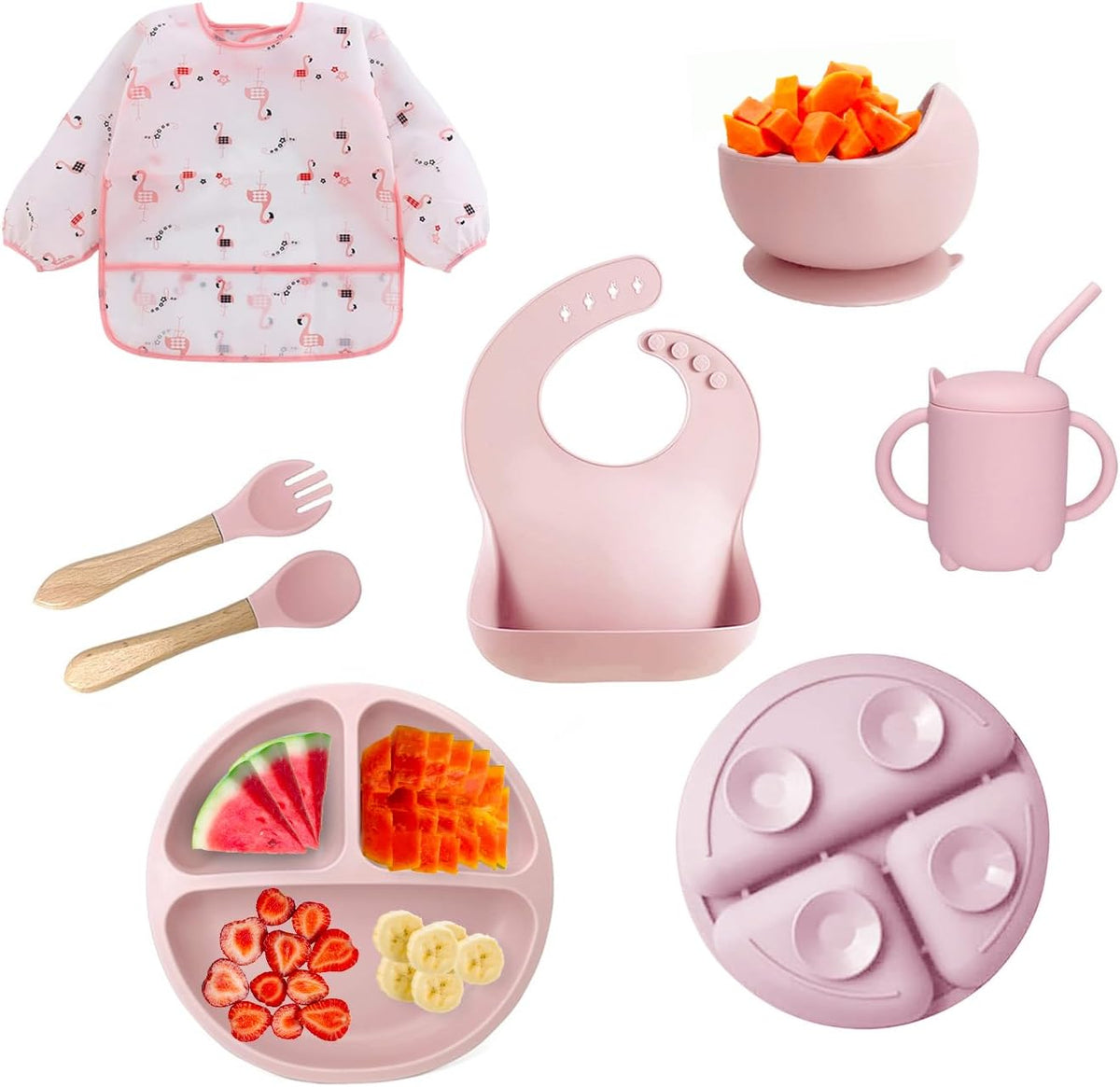 2025 Silicone Baby Feeding Set - All in One: Spoon, Fork, Suction Bowl, Divided Suction Plate, Sippy Cup, Silicone Bib and Travel Bib - 6+ Month, Toddler & Baby - BPA Free, Blue